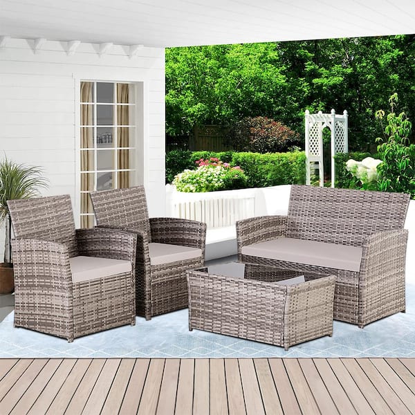 Unbranded 4-Piece Gray Wicker Outdoor Patio Conversation Sofa Set with Gray Cushions and Coffee Table