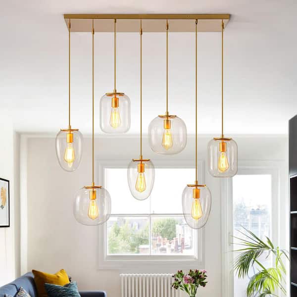 Dvorakova 39. 37in. 7-Light Gold Waterfall Cluster Chandelier with Clear Glass Shades, Linear Ceiling Light