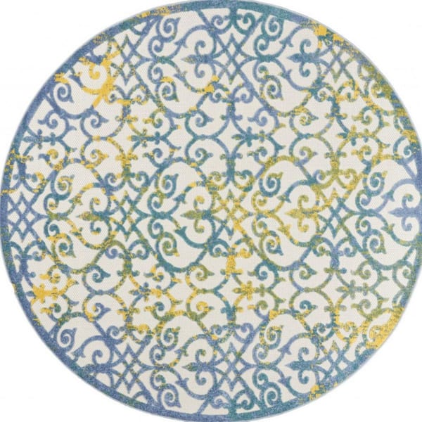 Ivory, Blue 8 ft. x 8 ft. Woven Polypropylene  Indoor/Outdoor Area Rug
