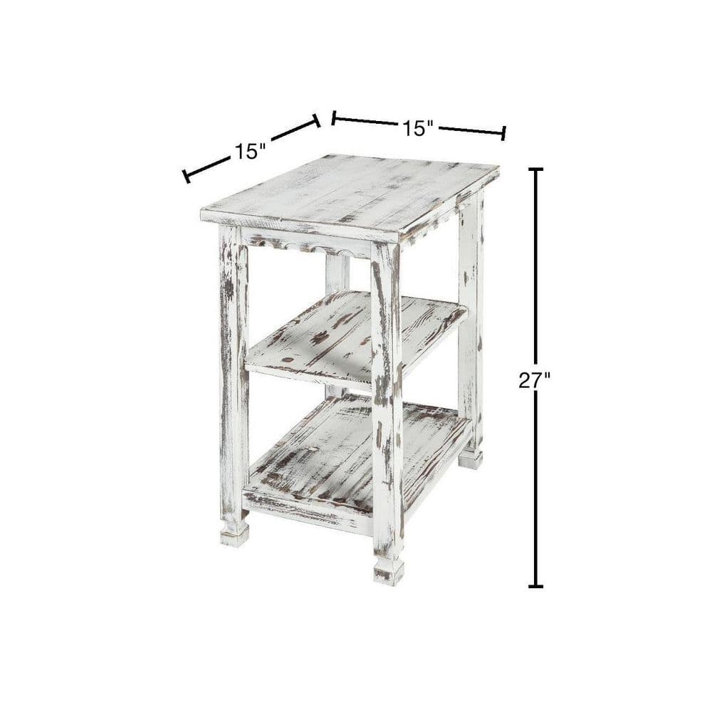 Rustic White Antique Finish 2-Shelf Wood End Table