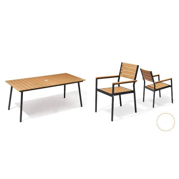 70 in. Brown Aluminum Patio Dining Table with Umbrella Hole and Brown Stackable Dining Chair (6-Pack)