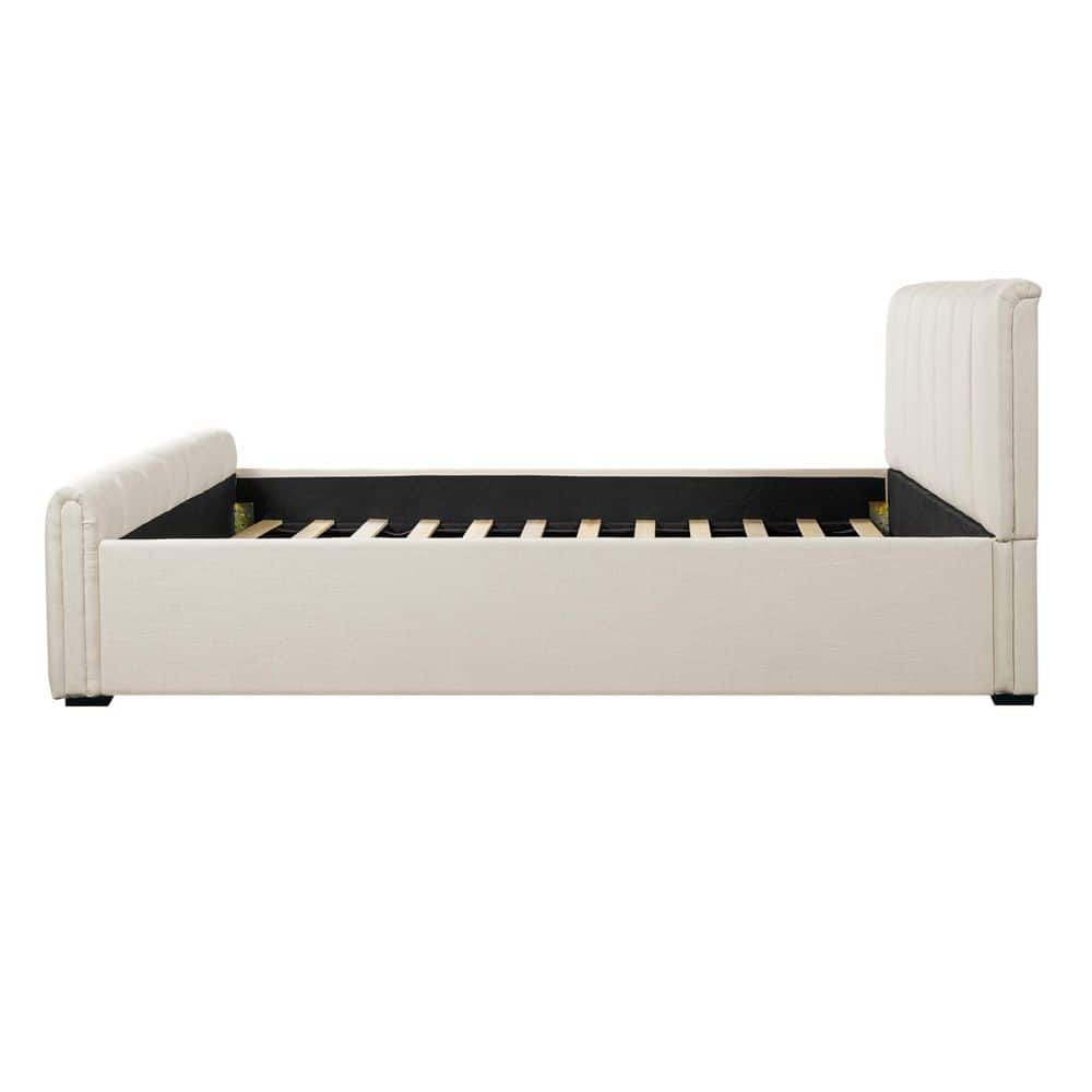 Bastin Beige Linen Fabric Upholstered Wood Frame King Size Platform Bed with Pipes Tufted Thick Headboard - thumbnail 2