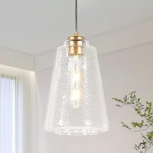 Modern 60-Watt 1-Light Satin Gold Bell Pendant Light with Hammered Glass Shade and No Bulbs Included