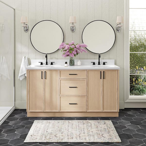 ARIEL Kelly 66 in. Double Sink Freestanding Bathroom Vanity in White Oak with Pure White Quartz Top