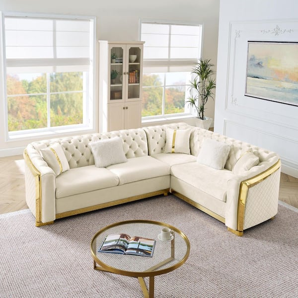 Pahana 105.5 in. L-Shaped Rolled Arm Velvet with 5 Pillows Sectional Sofa in Beige