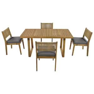5-Piece Wood Patio Outdoor Dining Table and Chair Set with Grey Thick Cushions for Balcony, Vourtyard, and Garden