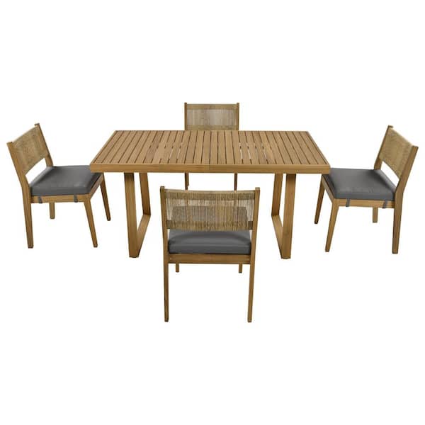 Unbranded 5-Piece Wood Patio Outdoor Dining Table and Chair Set with Grey Thick Cushions for Balcony, Vourtyard, and Garden
