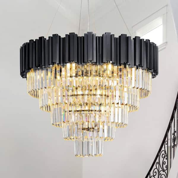 27.5 in. 9-Light Luxury Black Crystal Chandelier, 5-Tier Modern Round Chandelier for Dinning Room, Living Room, Entryway