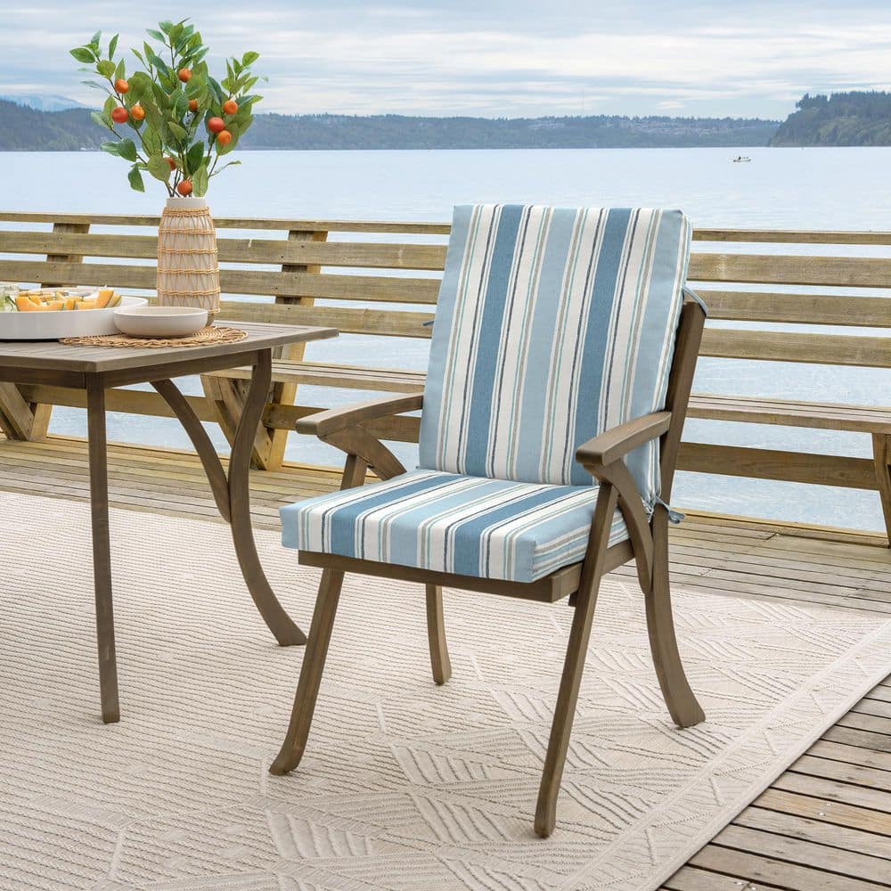 French Blue Linen Stripe Outdoor Dining Chair Cushion