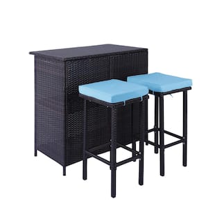 3-Piece Wicker Outdoor Serving Bar Set with 2-Stools, All Weather and Steel Frame Furniture with Removable Blue Cushions