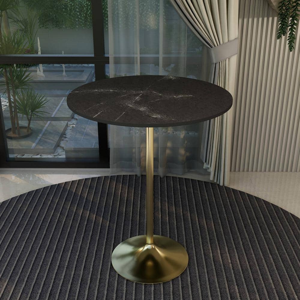 Round Black Marbleized MDF Bar Height Table with Gold Pedestal Base