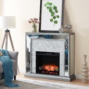 Legamma 44 in. Mirrored and Faux Marble Electric Fireplace in White