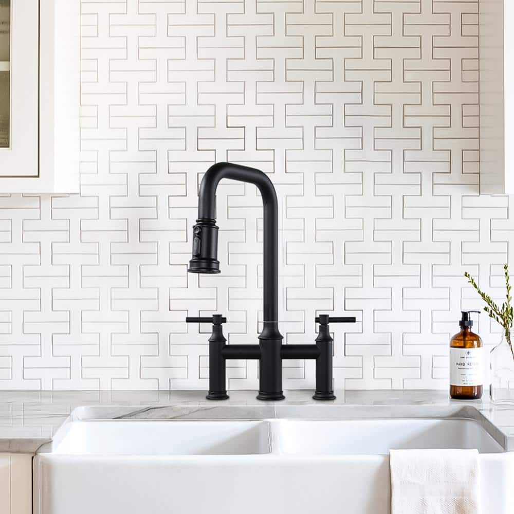 Matte Black Dual Handle Bridge Kitchen Faucet with Pull-Down Spray