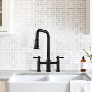 Double Handle Bridge Kitchen Faucet with Pull-Down Spray Head, Deck Mount 3 Holes Kitchen Sink Faucet in Matte Black