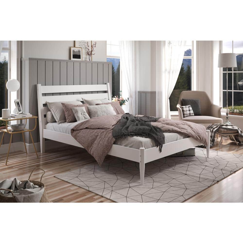White Pine Wood Queen Platform Bed with Upholstered Headboard
