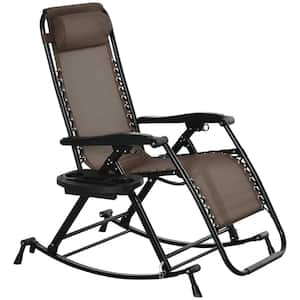 Metal Outdoor Rocking Chair, Brown Folding Reclining Zero Gravity Lounge w/Pillow, Cup and Phone Holder