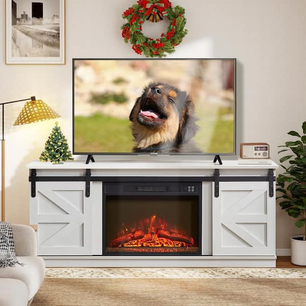 58 in. TV Stand with 23.1 in. Electric Fireplace Insert, Remote Control and White Sliding Barn Doors