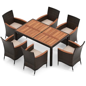 7-Piece Acacia Wood Rectangle 29 in. Outdoor Dining Set with Cushion Guard Beige