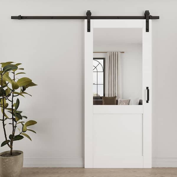 36 in. x 80 in. 1/2-Lite Tempered Clear Glass White Primed Solid Core MDF Sliding Barn Door with Hardware Kit