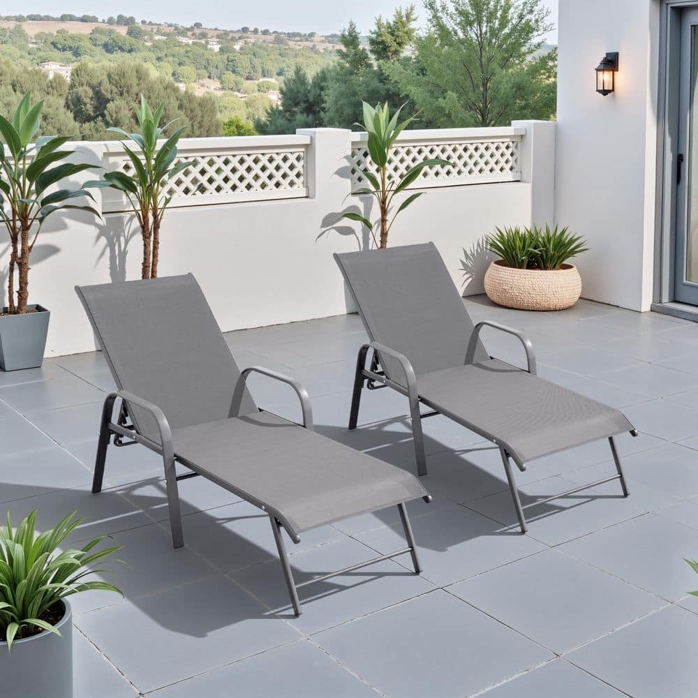 2-Piece Aluminum Adjustable Outdoor Patio Chaise Lounge with Arms and Gray Textilene Fabric price history on PriceWatchPro