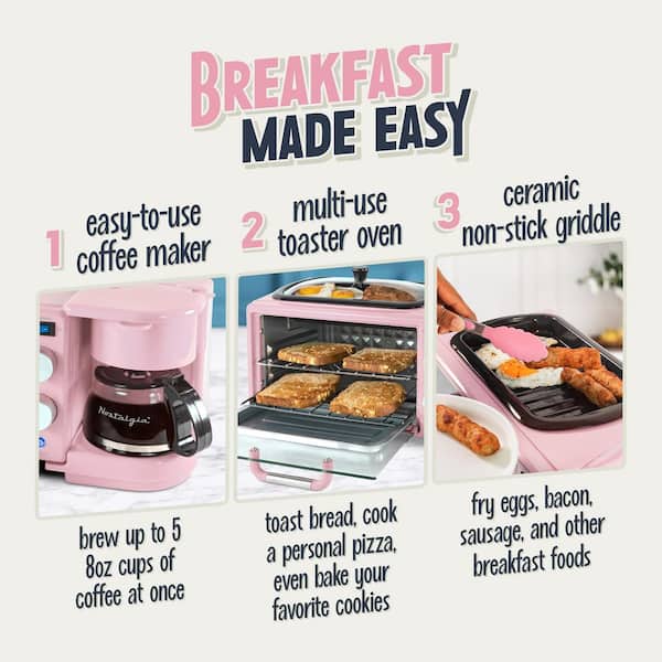 Nostalgia Retro 600 W 3-in-1 Toaster Oven Breakfast Station-Pink