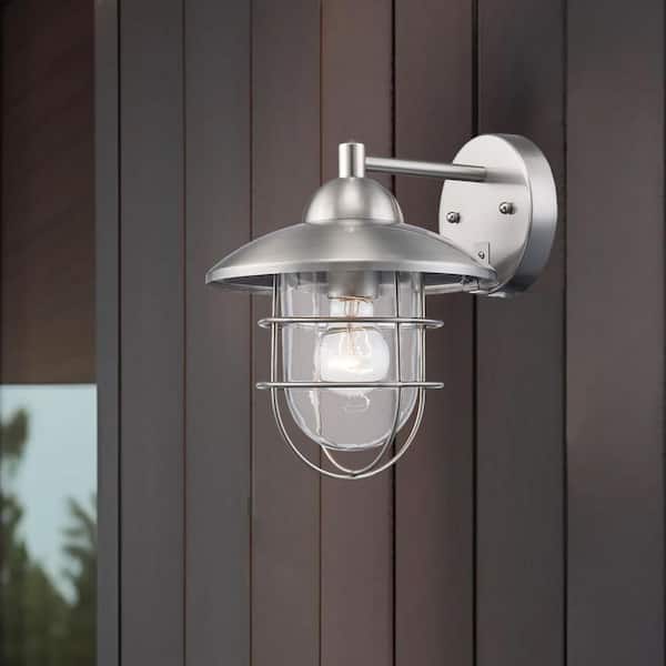 Gull 8 in. 1-Light Stainless Steel Farmhouse Industrial Outdoor Wall Light Fixture with Clear Glass