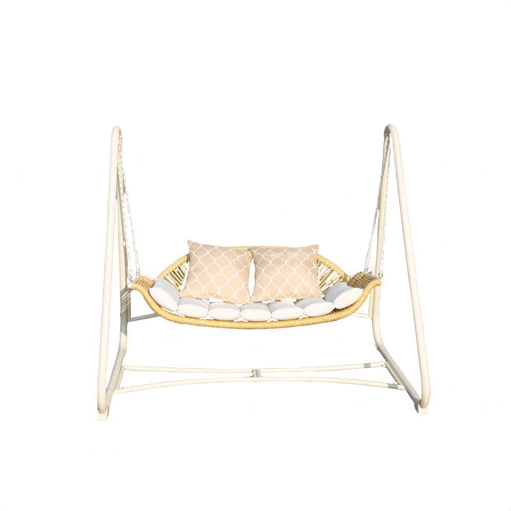 68.5 in. 2-Person White Metal Outdoor Patio Porch Swing with Thickened Cushions and Pillow for Porch, Backyard, Garden
