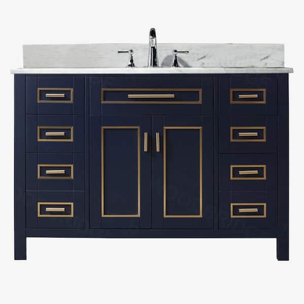 WOODBRIDGE Millan 49 in.W x 22 in.D x 38 in.H Bath Vanity in Navy Blue with White Marble Vanity Top with White Sink