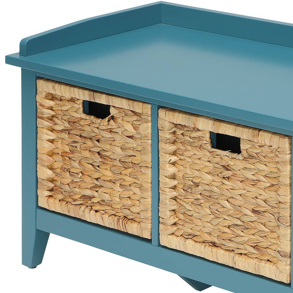 Teal Wood Storage Bench with Rattan Baskets