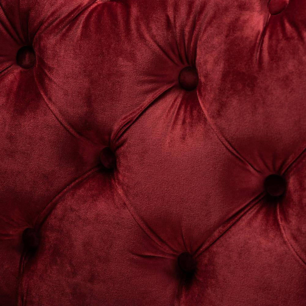 Avara Burgundy Velvet Button Tufted Bench Ottoman with Gold Legs