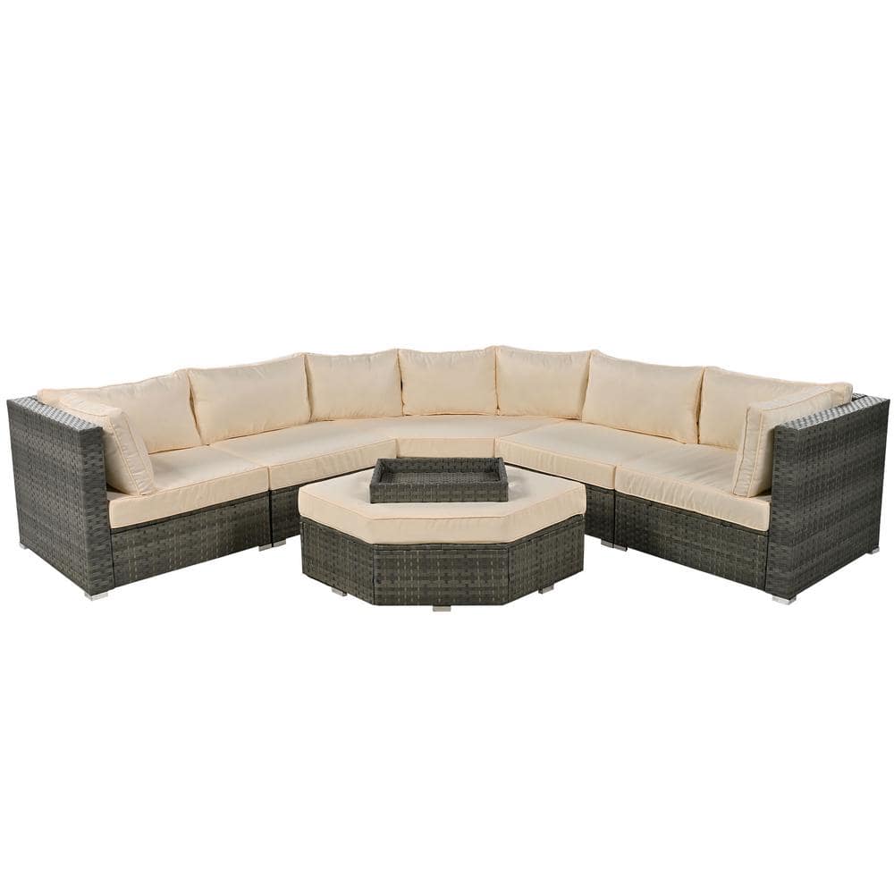 6 Pieces Wicker Patio Conversation Set,All Weather Sectional Sofa,with Beig