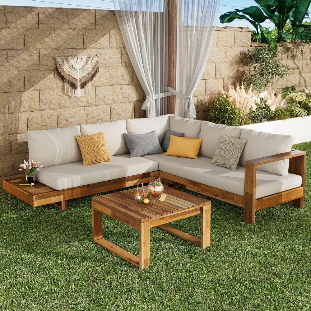 Torni Outdoor 4-Piece Solid Wood Sectional Sofa Set Patio Conversation Set with Beige Cushions, Coffee Table, Teak