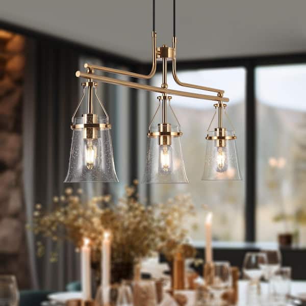 Auisre Modern 3-Light Black and Brass Linear Chandelier for Dining Room with Bell Seeded Glass Shades, LED Compatible