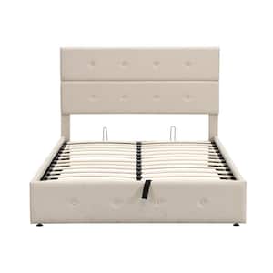 57 in. W Beige Upholstered Platform Bed Frame Metal Full Bed with Underneath Storage and Headboard No Box Spring Needed