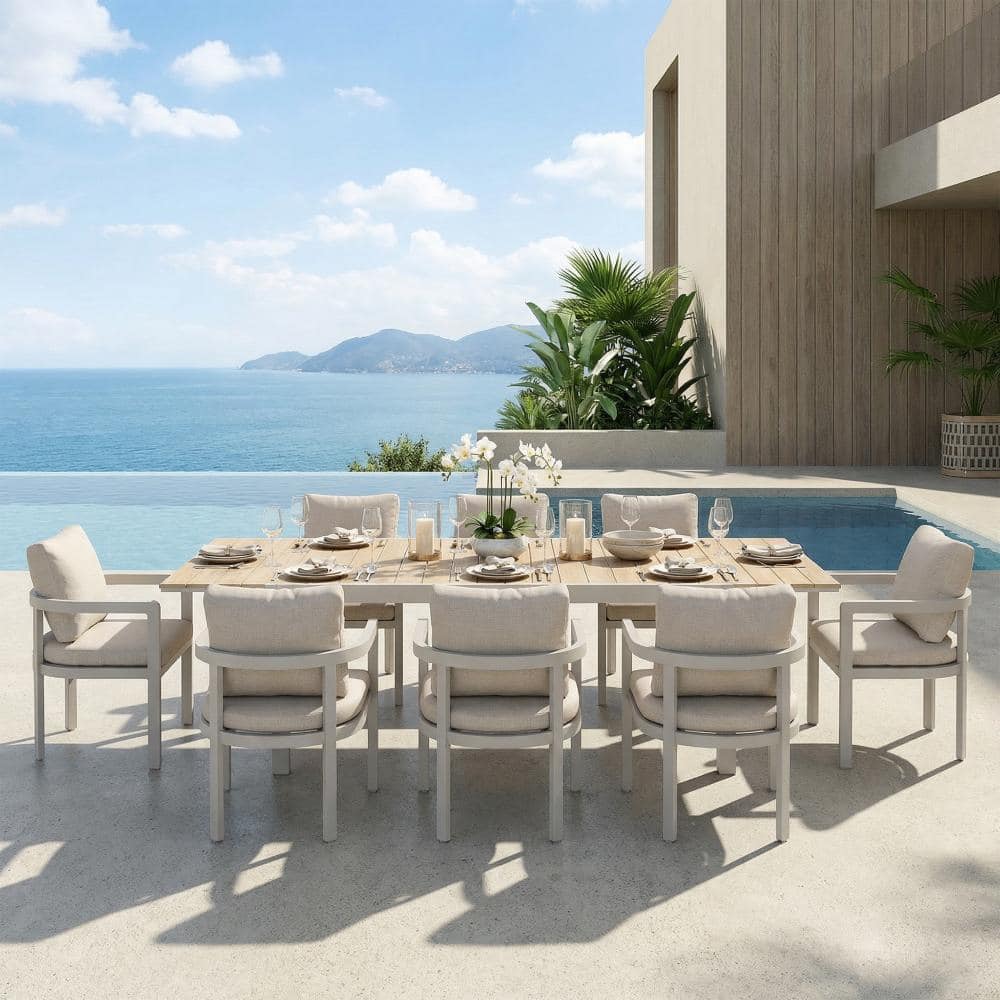 9-Piece Outdoor Patio Dining Set, with Aluminum Extendable Table & Beige Chairs & Cushions price history on PriceWatchPro