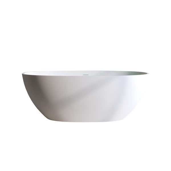 59 in. Soaking Flatbottom Solid Surface Stone Resin Freestanding Thick Edge Bathtub With Pop-up Drain in Matte White