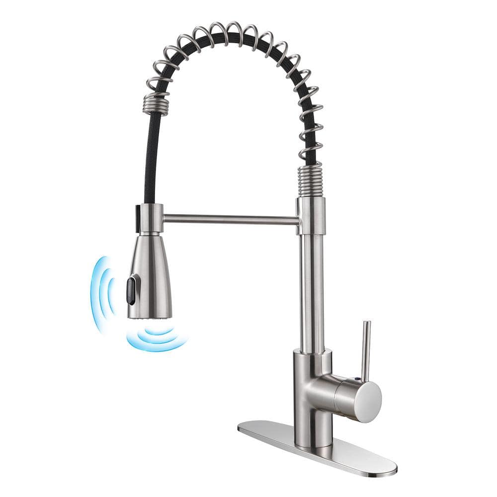 Touchless Single-Handle Pull Down Sprayer Spring Kitchen Faucet with Deckplate Pull Out Sink Faucet in Brushed Nickel -  Heemli, KTHG0702N