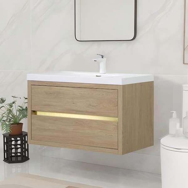 Lafarre 35.43 in. W x 19.69 in. D Single Sink Floating Oak Bath Vanity with White Stone Resin Top Assembled