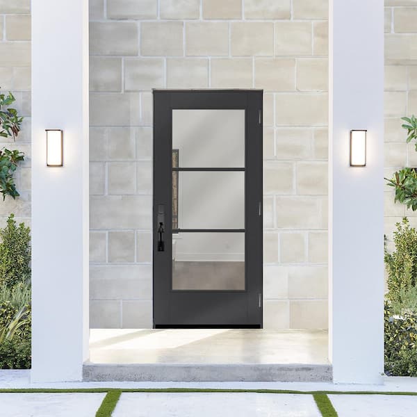 Legacy 30 in. x 80 in. Universal Handing Icon 3-Lite Modern Clear Glass Black Fiberglass Front Door Slab