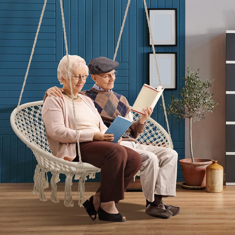 Cream White Double Macrame Hammock Chair Swing