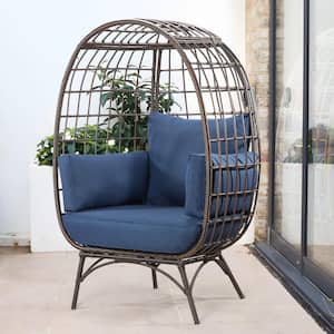 Patio Wicker Indoor/Outdoor Egg Lounge Chair with Blue Cushion