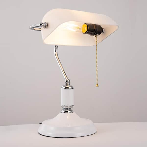 YANSUN 15 in. Task and Reading Elegant White Glass Bankers Lamp with Silver Finish, Pull Chain and Adjustable Shade for Study