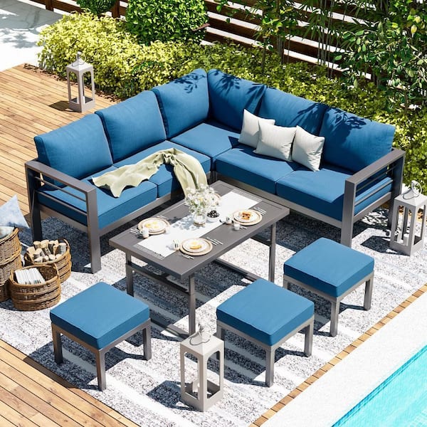 7-Piece Wicker Outdoor Conversation Patio Furniture Set with Blue Cushions