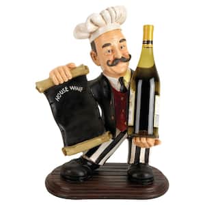 13 in. x 9 in. x 20 in. Black Polystone Chef Sculpture with Chalkboard and Wine Rack