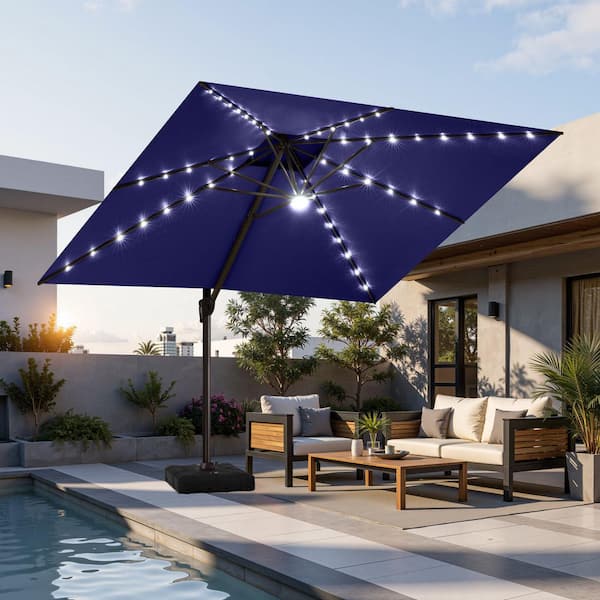 Crestlive Products 11 ft. x 11 ft. LED Square Swivel Double Top Cantilever Tilt Patio Umbrella in Navy Blue with 260 lbs. HDPE Base