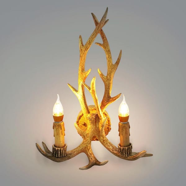 OUKANING 2-Light Brown Resin Antlers Retro Style Wall Sconce