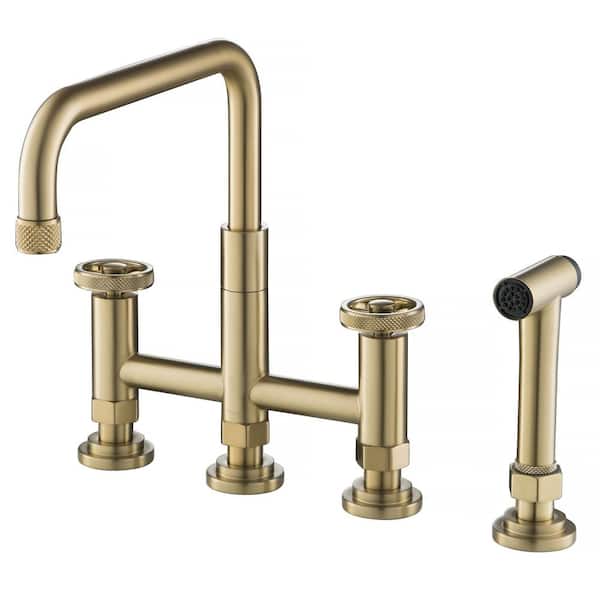 KRAUS Urbix Double Handle Industrial Bridge Kitchen Faucet with Side Sprayer in Brushed Gold