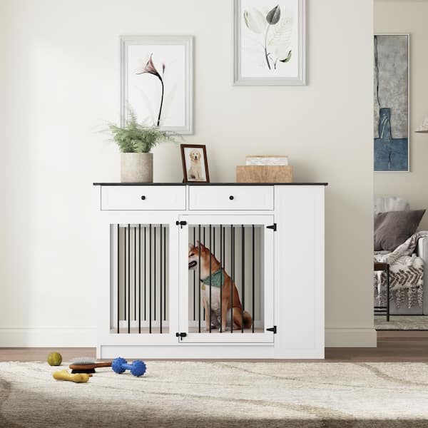 Large Dog Crate Furniture with 3 Drawers and Dog Bowls, Wooden Heavy Duty Dog Cage Storage Decorative Dog Pens, White