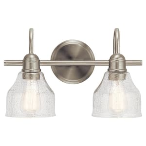 Avery 15 in. 2-Light Brushed Nickel Vintage Bathroom Vanity Light with Clear Seeded Glass