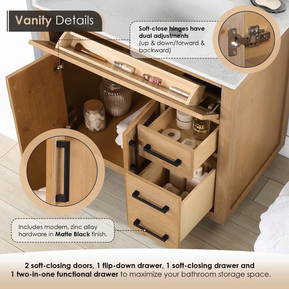 Gavino 36" Light Brown Wood Vanity with Composite Stone Top and Mirror